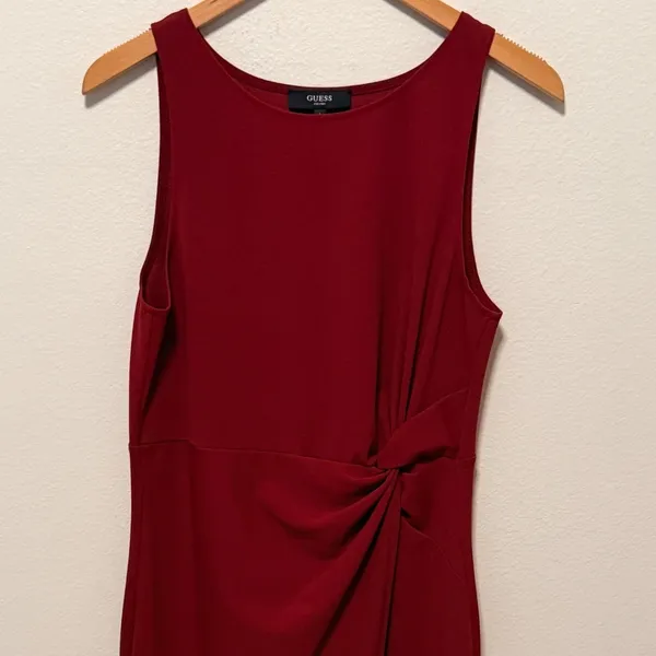 GUESS Sheath Dress Sz L Burgundy Sleeveless Side Knot Draped Professional Office - Image 2