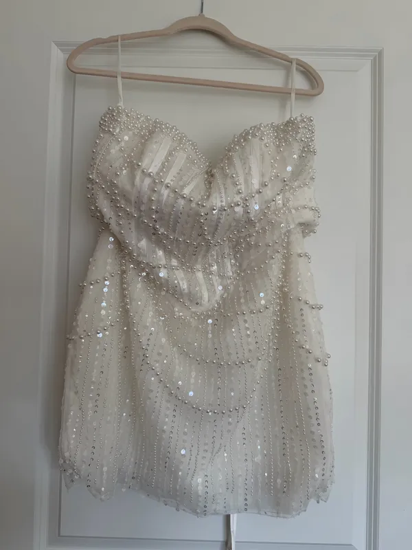Pearl Beaded Mini Dress White Size 8 - Image 3
