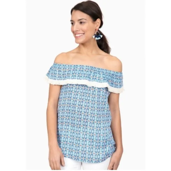 ROBERTA ROLLER RABBIT Lucia Fringe Off Shoulder‎ Top Blue Tile Print sz S - Image 3