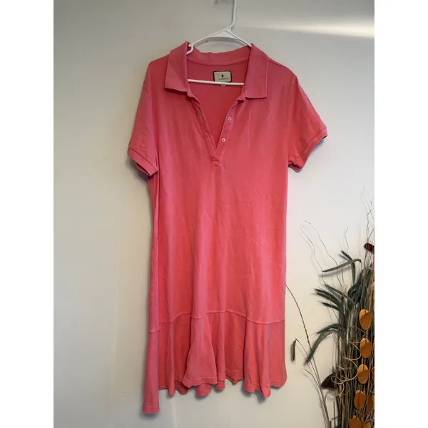 Tuckernuck Womens Coral Pink Pique Knit Ruffle‎ Drop Waist Polo Dress Large - Image 2
