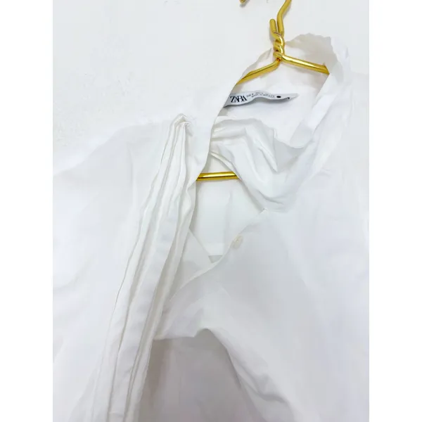 Zara White Poplin Tie Neck Oversized Blouse Size Small 8775/545 Chic Preppy - Image 10