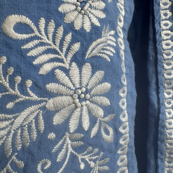Vintage 100% Linen Skirt Sz 12 Artisan Embroidered Beaded Blue Cottage Boho Folk - Image 4