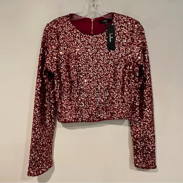 Lulus Prize-Winner Sequin Long Sleeve Crop Top Women's‎ Medium Burgundy Holiday - Image 6