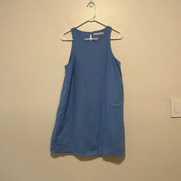 Abercrombie Light Blue High-Neck Linen-Blend Mini Dress Size Small - Image 5