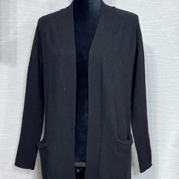 Long‎ Black Cardigan Duster Sweater Knit Open Front Pockets Cozy Layering small - Image 5