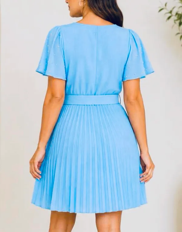 Chic Me Light Blue Pleated Belted Women's Dress S New Without Tag - Image 4