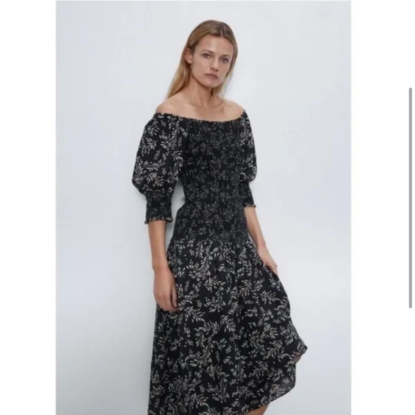 Zara Penny Ruched Black Floral Linen Blend Boho Puff Midi Dress Size Small - Image 2