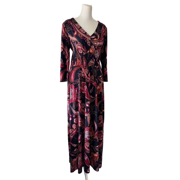 Maggy London Navy & Coral V-Neck Smocked Waist 3/4 Sleeve Stretch Maxi Dress - Image 6