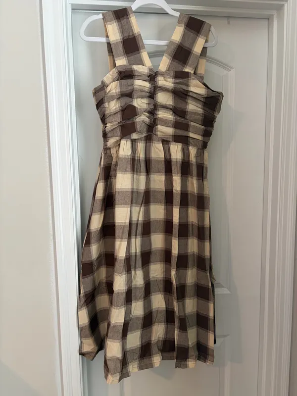 NWT TCEC Ruched Gingham Midi Dress Brown - Image 3