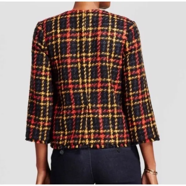 A New Day Womens Plaid Tweed‎ Jacket Collarless Boucle Blazer Red Black Yellow - Image 2