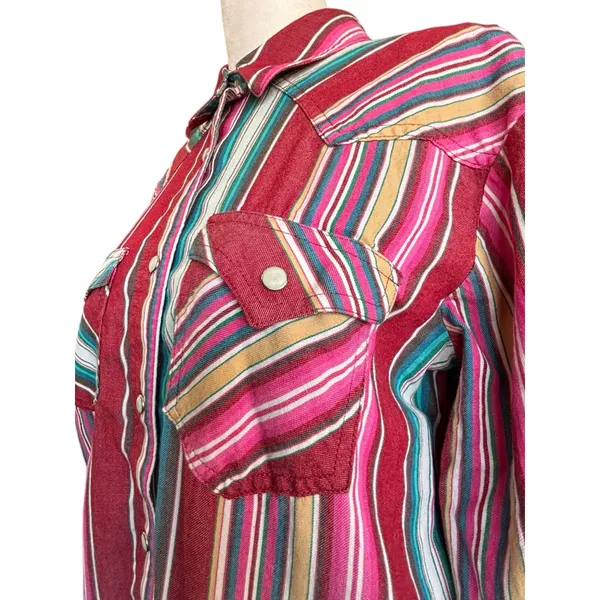 Wrangler Retro Western Pearl Snap Striped Shirt Pink Teal Cotton Small‎ Cowgirl - Image 2