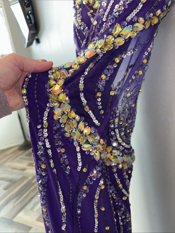 Flirt by Maggie Sottero Purple Beaded one shoulder formal gown - Image 3