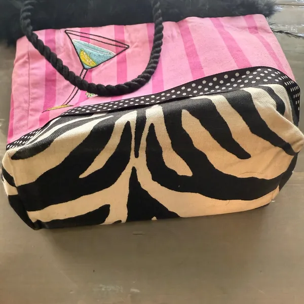 Vintage Blue Devil Pink Striped Martini Zebra Trim Faux Fur Tote Purse - Image 4