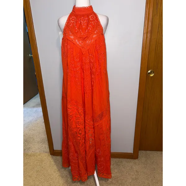 Anthropologie Orange Eyelet Lace Halter Maxi Dress‎ boho Open Back NWT Size L - Image 3