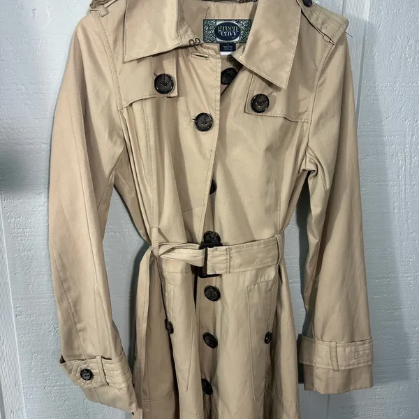 Green Envy Khaki Belted Trench Coat Size Medium EUC - Image 9