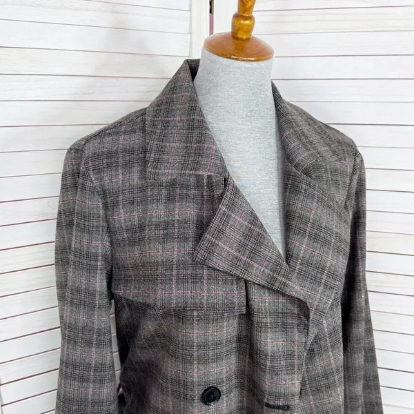Jennifer Lopez Trench Coat Women Large Grey Plaid Double Breasted Lightweight‎ - Image 8