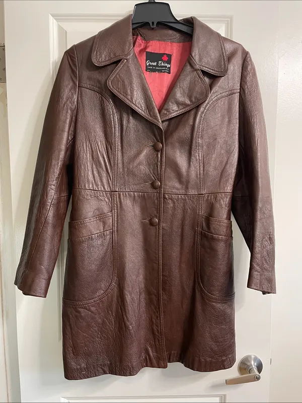 Great Things Vintage Chocolate Brown Genuine Leather Long Coat Jacket Size Large - Image 2