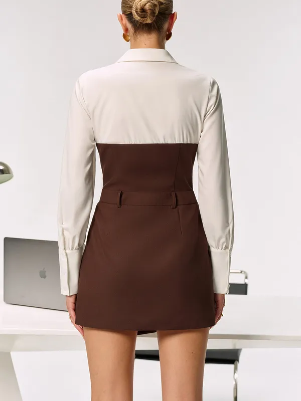 Commence NEW brown and White 2 in 1 Shirt Panel Asymmetric Mini Dress Sz medium - Image 3