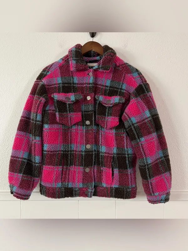 APPARIS Women XS Plaid Sherpa Teddy Trucker Jacket Pink Blue Faux Shearling - Image 2