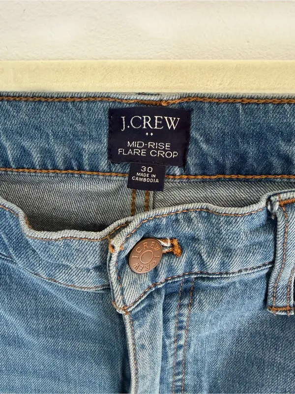 J. Crew Light Blue Flare cropped Jeans with Distressed Knees mid-raise - Image 4