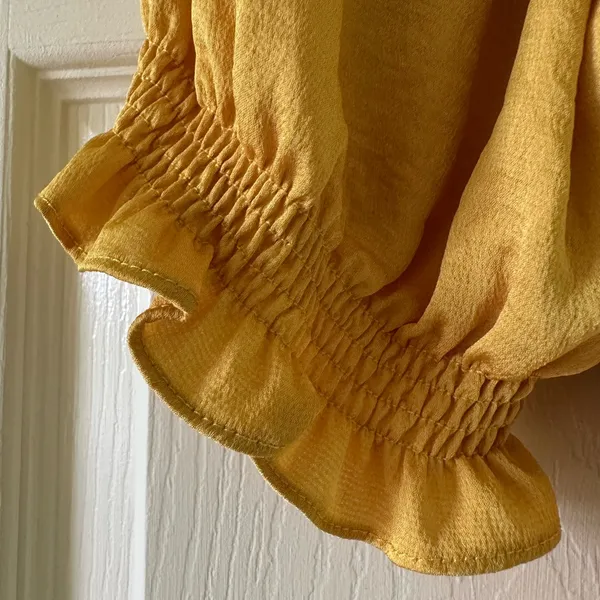 👗🌺Anthropologie Yellow Midi Dress M 6 8 Boho Cottagecore Puff Sleeve Ruffle Trim - Image 13