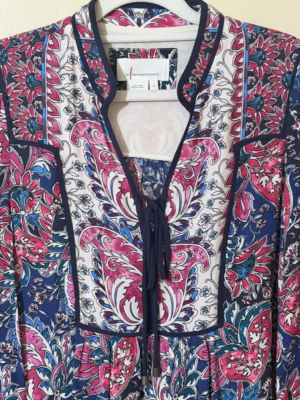 Anthropologie Floral A-Line Dress Multicolor Tie Ruffle V-Neck Long Sleeve S - Image 4