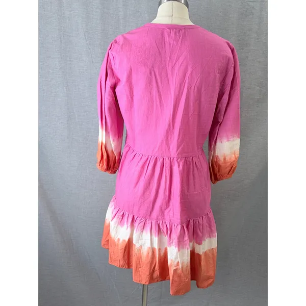 Sachin & Babi Pink Orange Dip Dye‎ Smocked Tiered Cotton Mini Dress Resort M - Image 5
