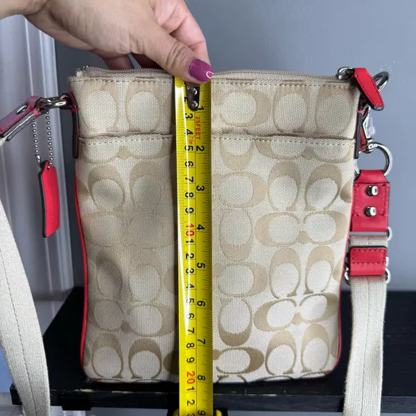 Coach Khaki Signature Canvas Crossbody with Red Leather Trim - Image 6