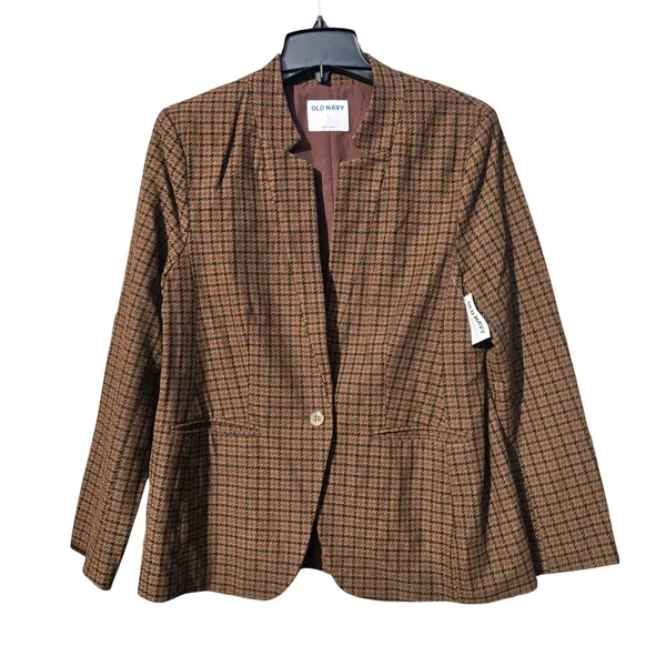 Old Navy NWT Pixie Blazer Womens Brown Houndstooth Collarless‎ Jacket Large - Image 3