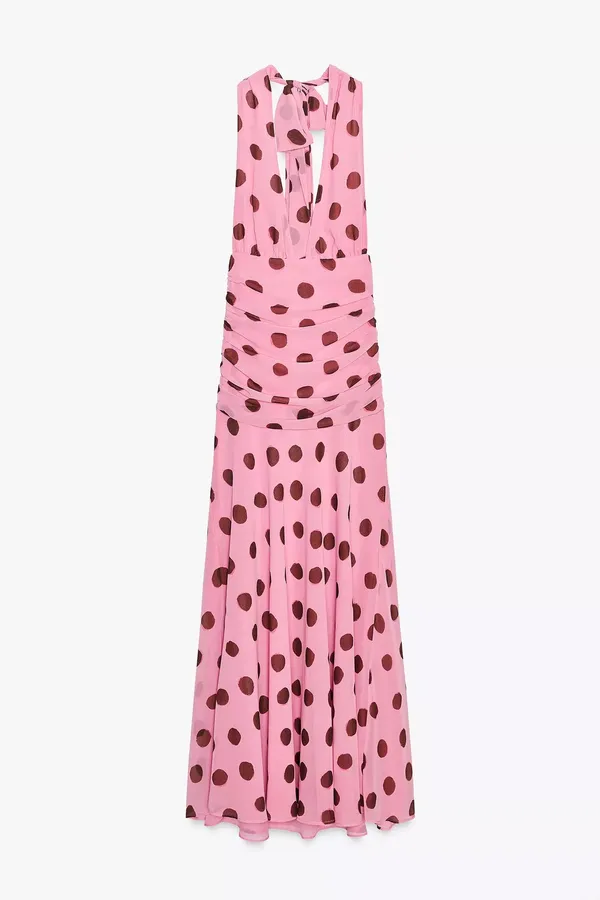Zara Pink Polka Dot ruffled Maxi Dress bohemian summer vacation bodycon - Image 10