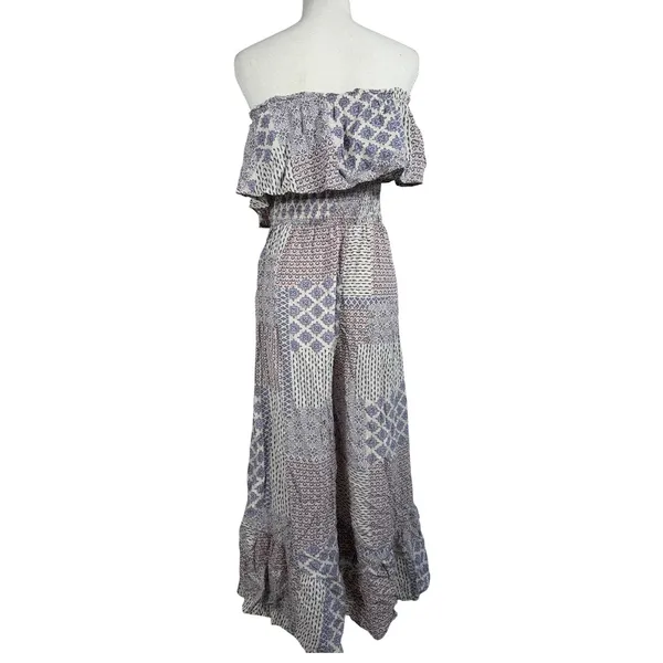 ILLA ILLA Patchwork Jumpsuit Womens L Blue Boho Off Shoulder Wide Leg Rayon - Image 2