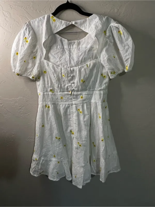 For Love & Lemons Abby White Yellow Floral Embroidered Open Back Mini Dress - Image 6