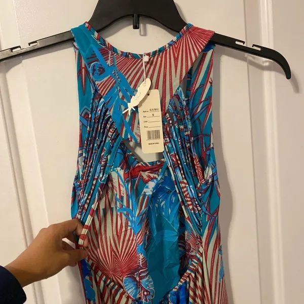 Julia Tropical Hibiscus Maxi Dress Womens Small Turquoise Red Fringe Cutout Back - Image 5