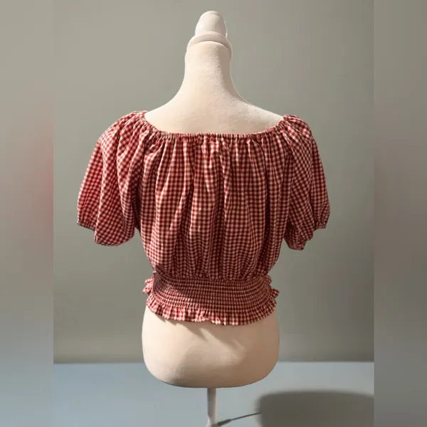 Elegant Red Gingham Smocked Blouse Size M - Image 5