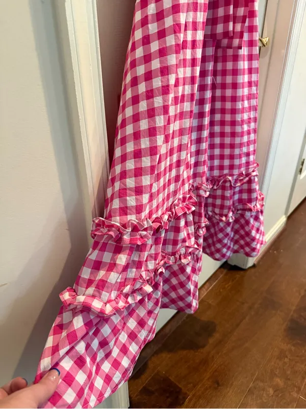 &merci Pink Gingham Smocked Midi Dress - Image 8