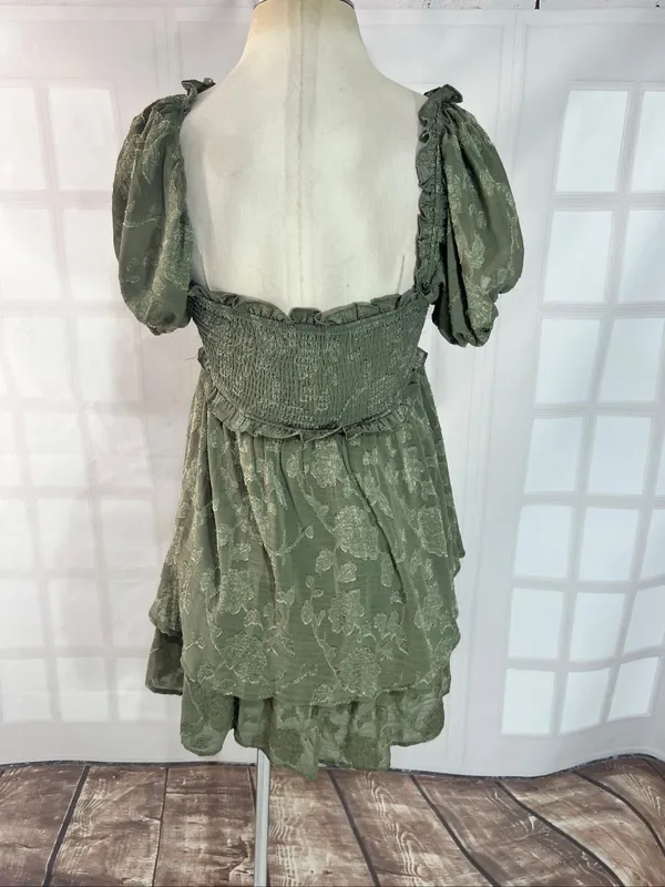 Altar’d State Olive Green Smocked Jacquard Puff Sleeve Layered Mini Dress Small - Image 5