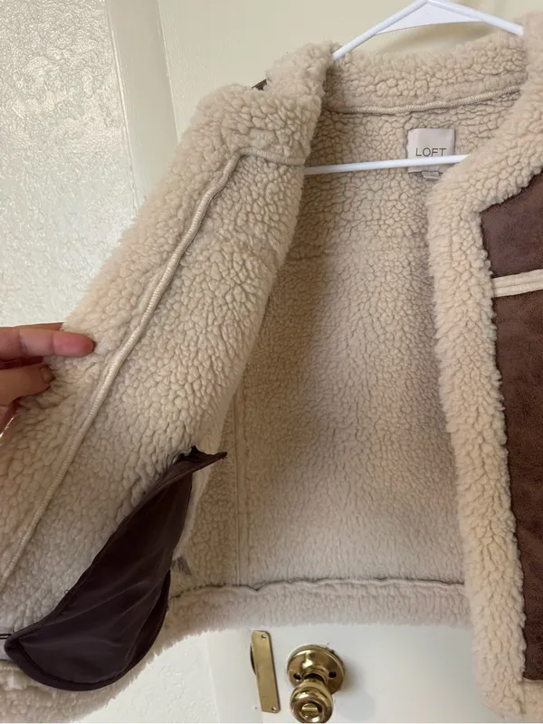LOFT Faux Leather Suede Sherpa Open Vest Brown Cream Size M - Image 4