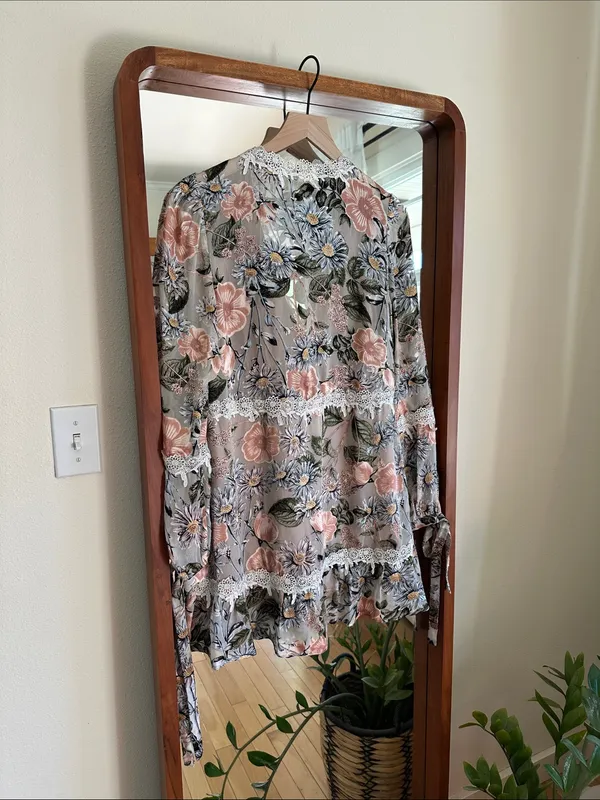For Love & Lemons Floral Lace-Trim Long Sleeve Dress Pink Grey Sage S - Image 7