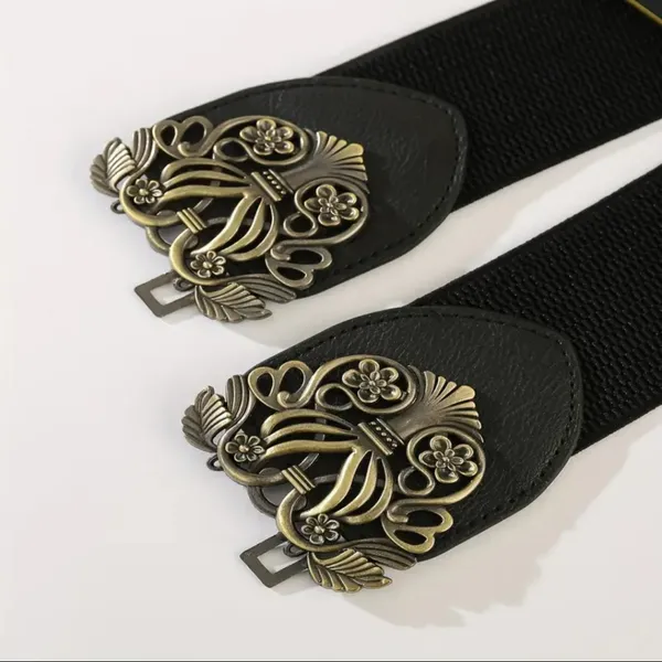 Retro Style Elegant‎ Black and Gold Elastic Women's Belt One Size - Image 5