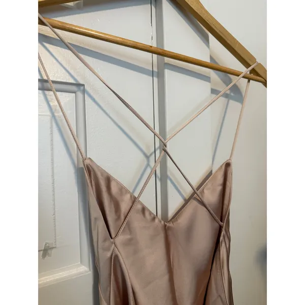 Zara Champagne Satin Maxi Slip Dress Cross Back V-Neck Sleeveless Pink Beige XS - Image 14
