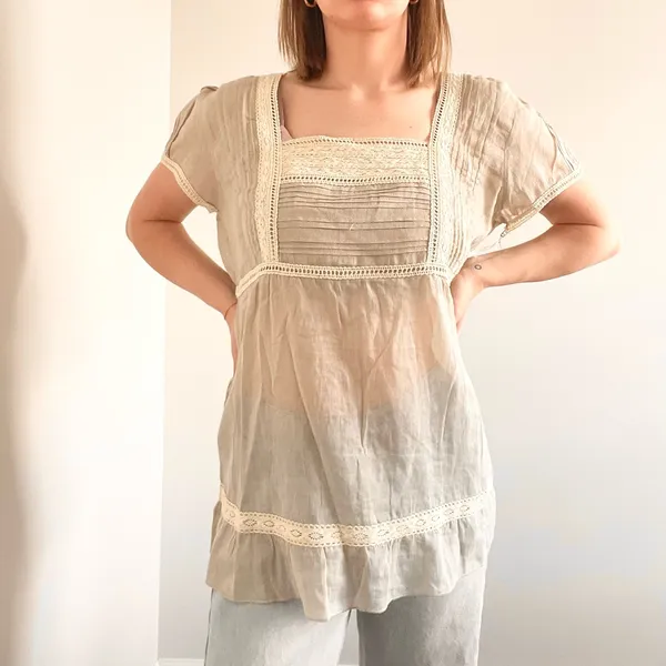 Vintage Marty Nordstrom Boho Lace-Trim Square Neck Women's Top in Cream - Image 3