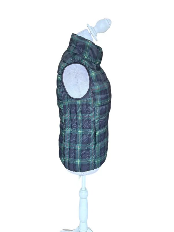 UNIQLO Ultra Light Down Puffer Vest Navy Blue Green Plaid Womens Small - Image 2