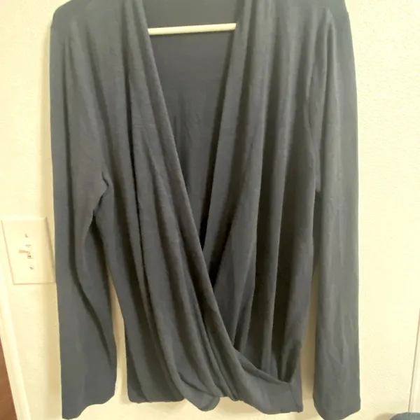 LOFT Size L Blue Wrap Sweater Wool Blend Loose Fit V Neck Long Sleeves - Image 4