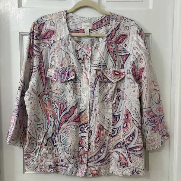 Chico's‎ Linen Zip Up Jacket Shacket Sz 3 (XL) Boho Chic Coastal Paisley Career - Image 3
