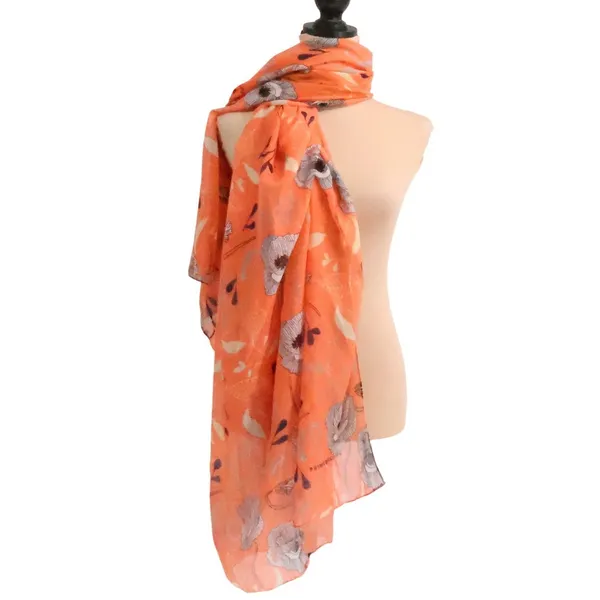 Printed Village Orange Floral Scarf Wrap Shawl Boho Sheer Lightweight‎ 74x38 - Image 2