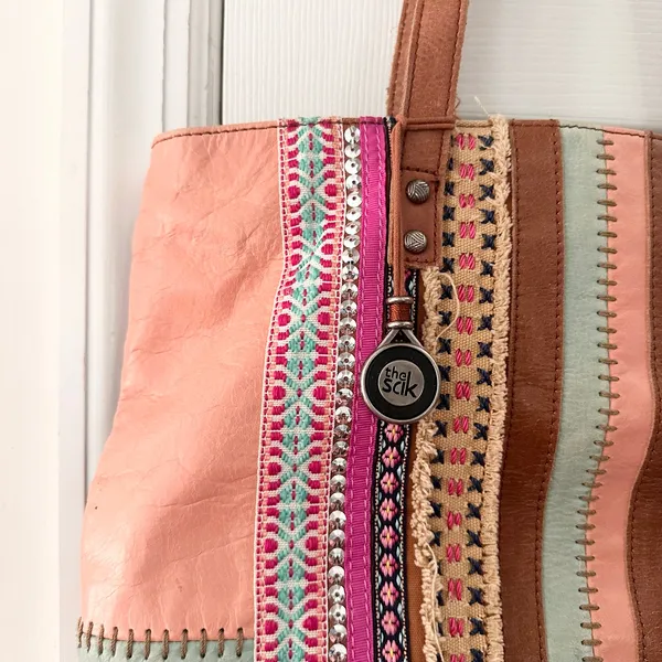 The Sak Tan Leather Patchwork Fabric Embellished Boho Top Zip Shoulder Tote Bag - Image 3
