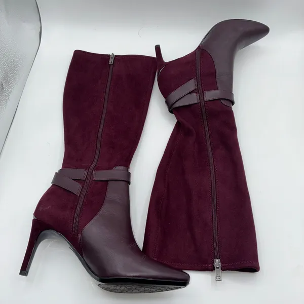Calvin Klein Jemamine Wide‎ Calf Tall Boots Burgundy Suede Leather Heel Size 6.5 - Image 5