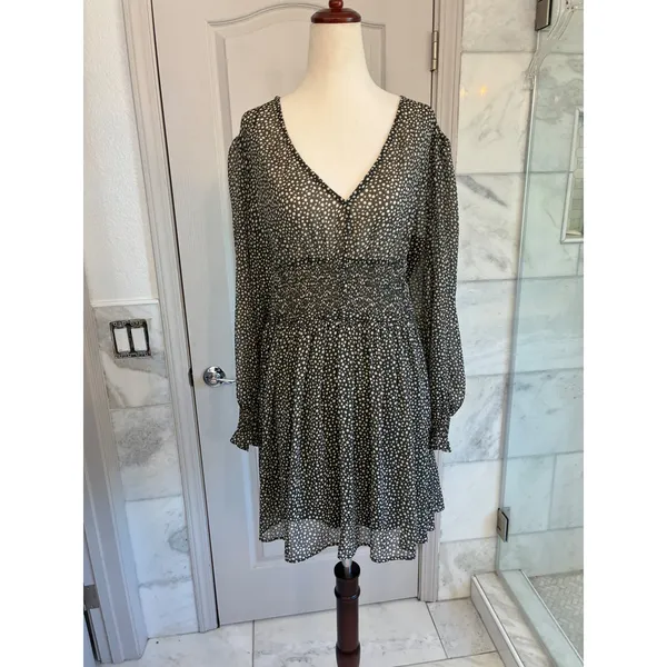 Zara Womens Green Cream Polka Dot Smocked‎ V-Neck Mini Dress L - Image 12
