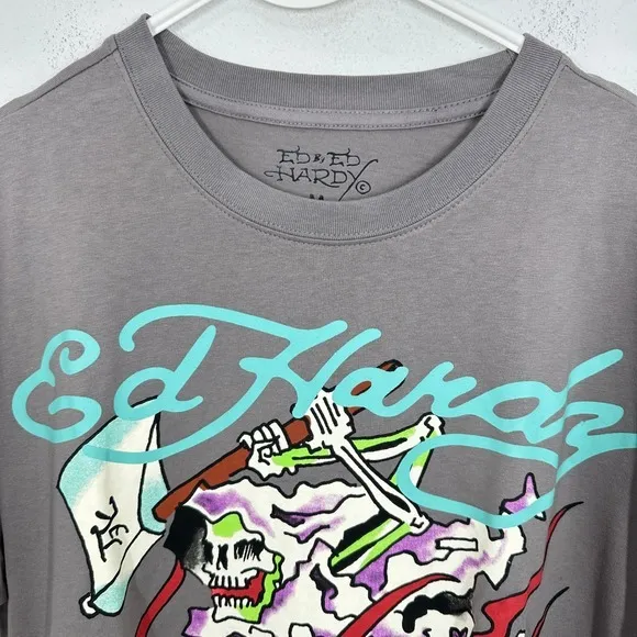Ed Hardy Skeleton Flames Graphic T Shirt Men's Medium Grey Rock Streetwear‎ NWT - Image 8