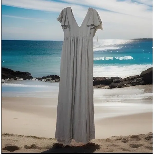 Chic Birdy Grey Chiffon Maxi‎ Dress Size M Bridesmaid Pockets Ruffle Sleeve BOHO - Image 2